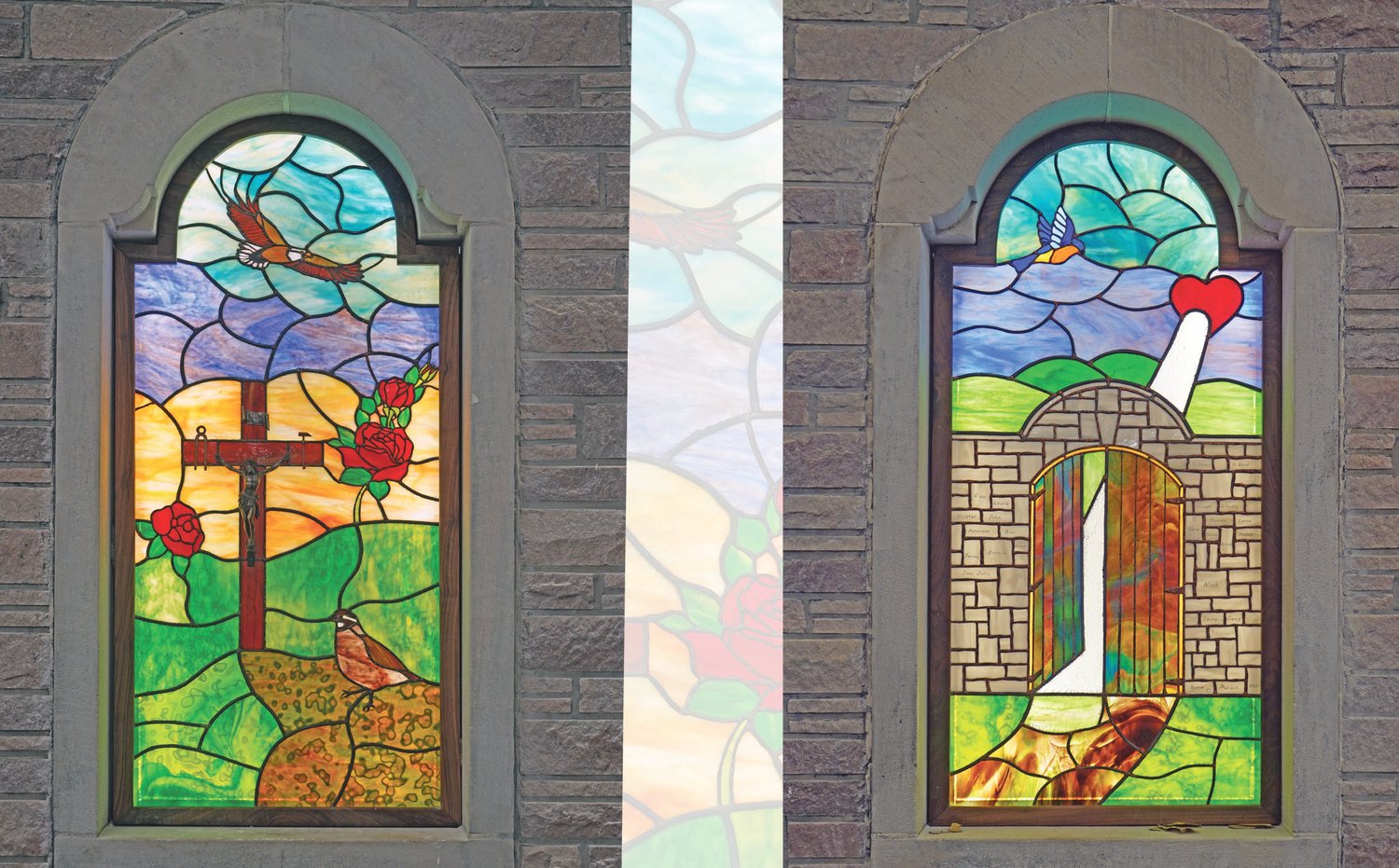 These two new art-glass windows were created by Jim Wisch for the chapel of the nearly completed Catholic Charities of Central and Northern Missouri (CCCNMO) headquarters in Jefferson City. The first represents the building’s past use as a high school seminary chapel and gym, as well as CCCNMO’s first 10 years of existence. The second points to the building’s future of paving and illuminating the path to God through the gateway of concrete acts of charity and mercy.